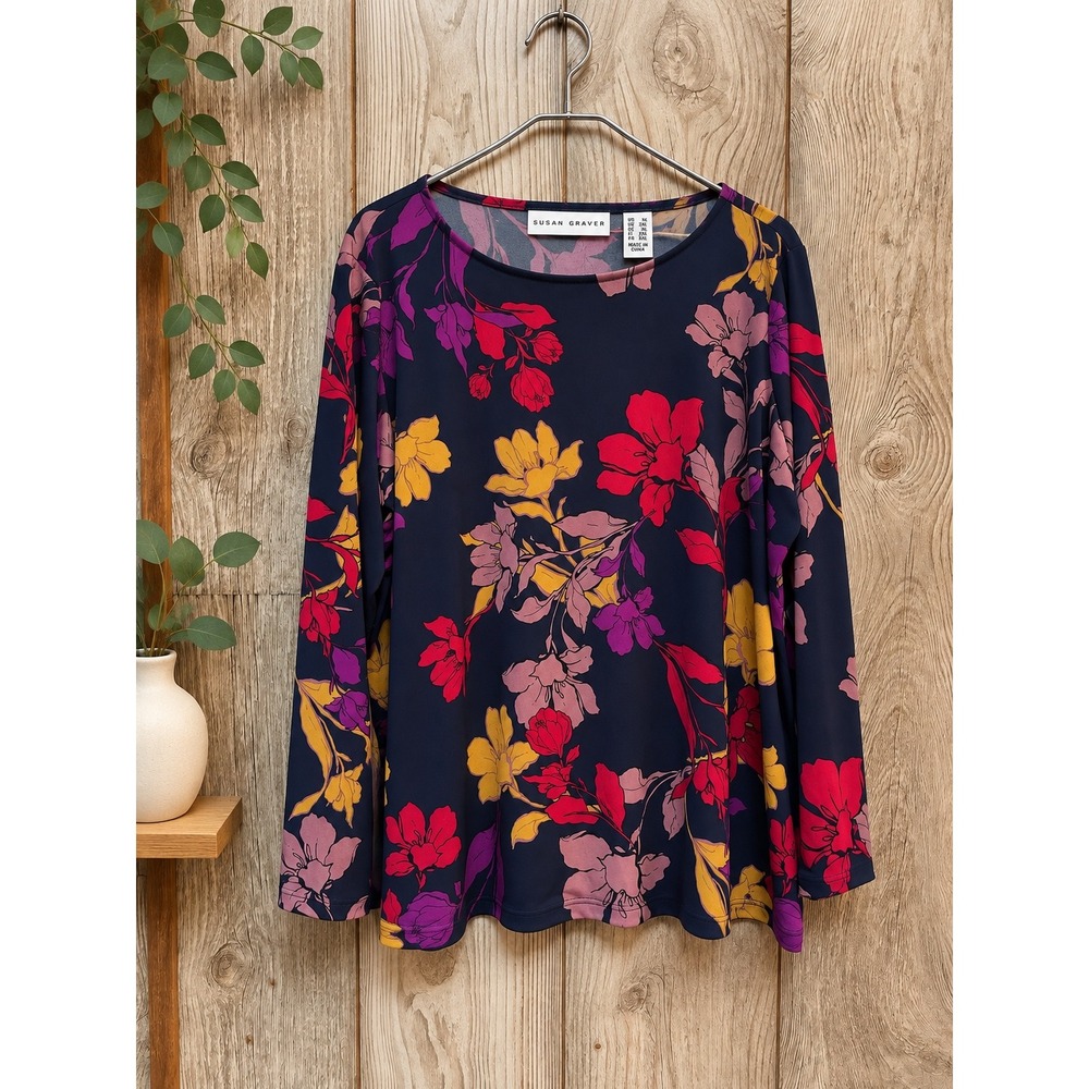 Susan Graver Navy Blue Floral Liquid Knit Long Sleeve Tunic Top Plus Size 1X